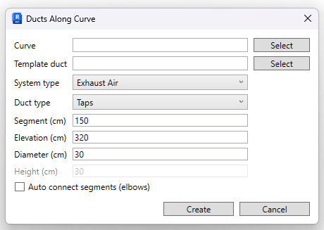 Основные параметры Ducts Along Curve